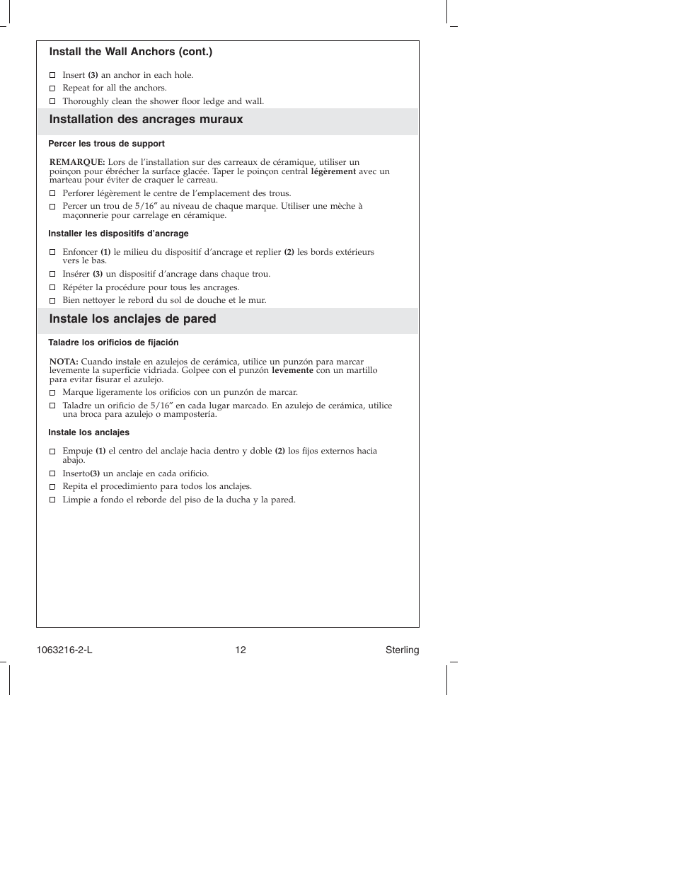 Installation des ancrages muraux, Instale los anclajes de pared | Sterling Plumbing Bypass Shower Doors 5400 Series User Manual | Page 12 / 44