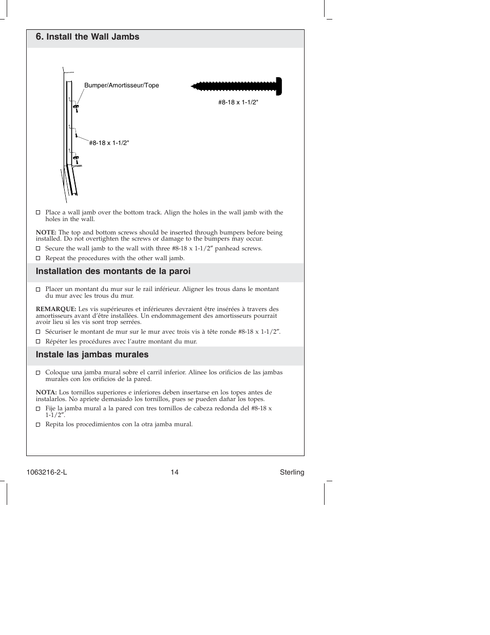 Install the wall jambs, Installation des montants de la paroi, Instale las jambas murales | Sterling Plumbing Bypass Shower Doors 5400 Series User Manual | Page 14 / 44