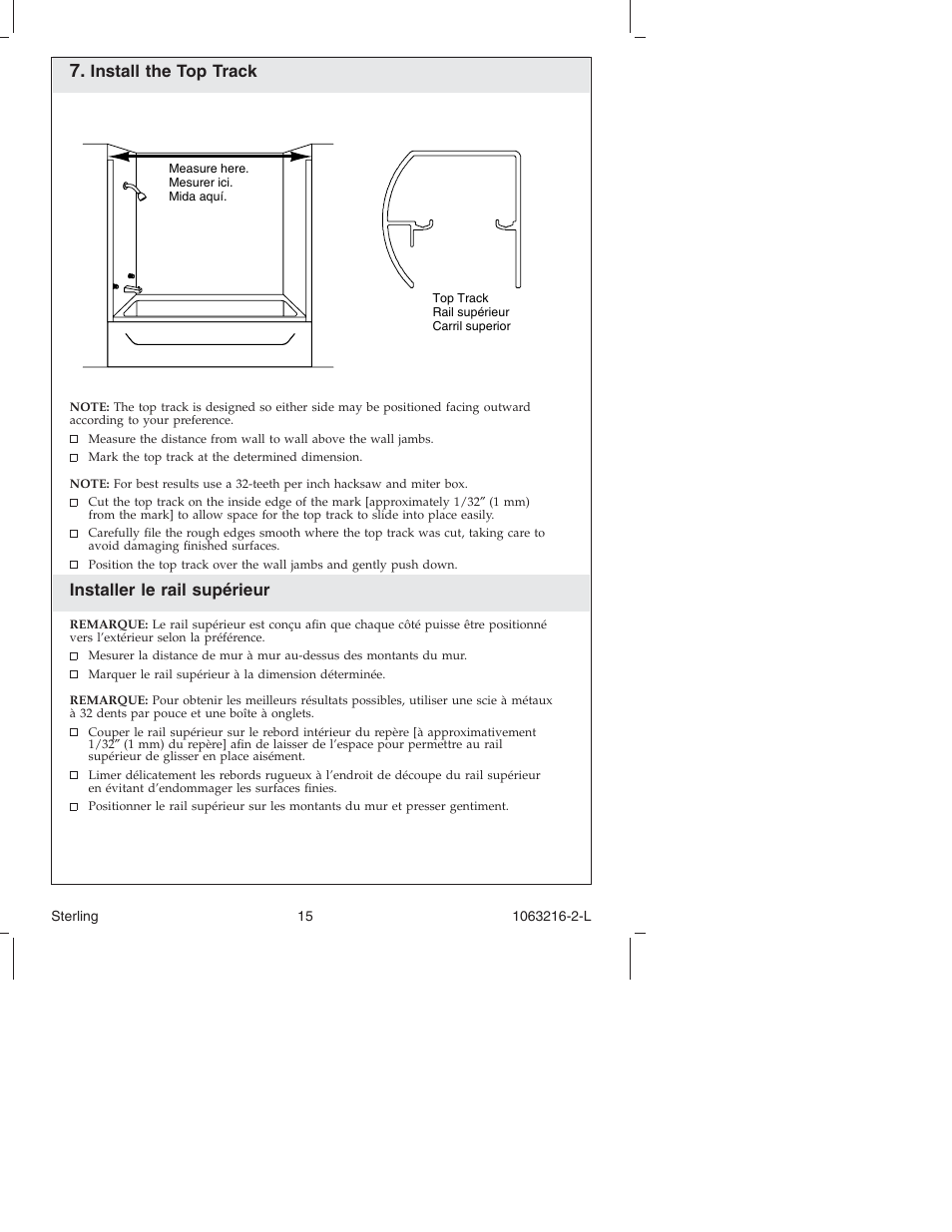 Install the top track, Installer le rail supérieur | Sterling Plumbing Bypass Shower Doors 5400 Series User Manual | Page 15 / 44