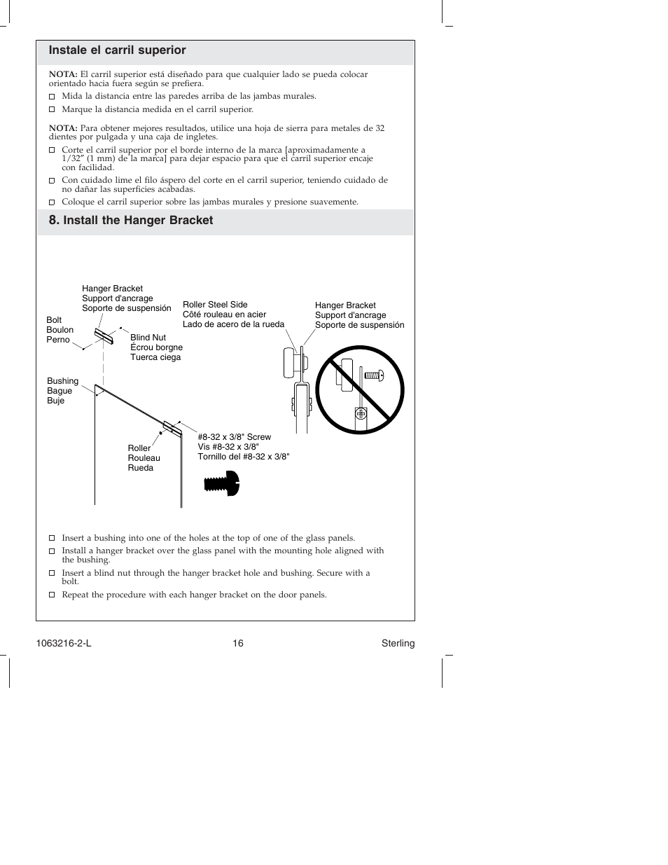 Instale el carril superior, Install the hanger bracket | Sterling Plumbing Bypass Shower Doors 5400 Series User Manual | Page 16 / 44