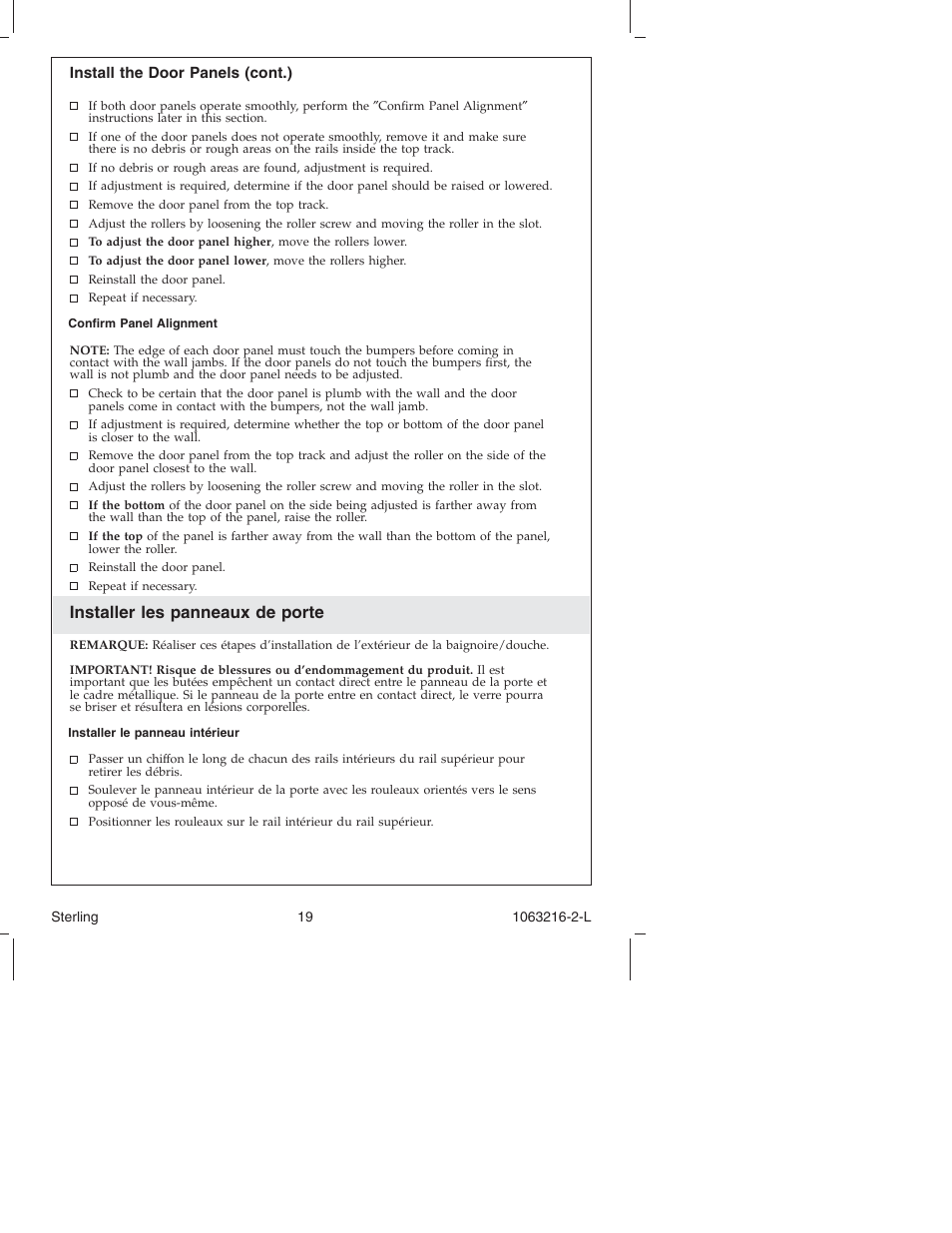 Installer les panneaux de porte | Sterling Plumbing Bypass Shower Doors 5400 Series User Manual | Page 19 / 44