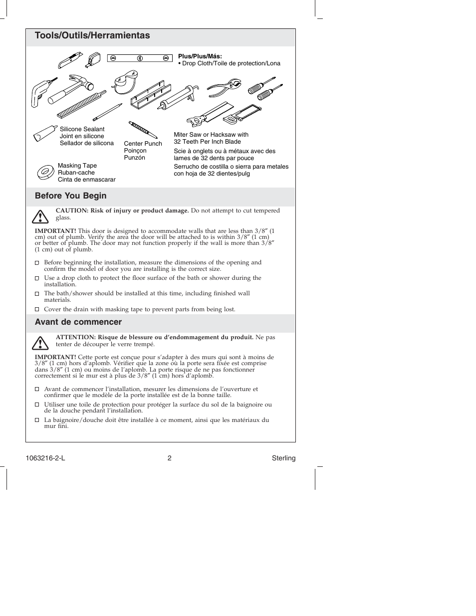 Tools/outils/herramientas, Before you begin, Avant de commencer | Sterling Plumbing Bypass Shower Doors 5400 Series User Manual | Page 2 / 44