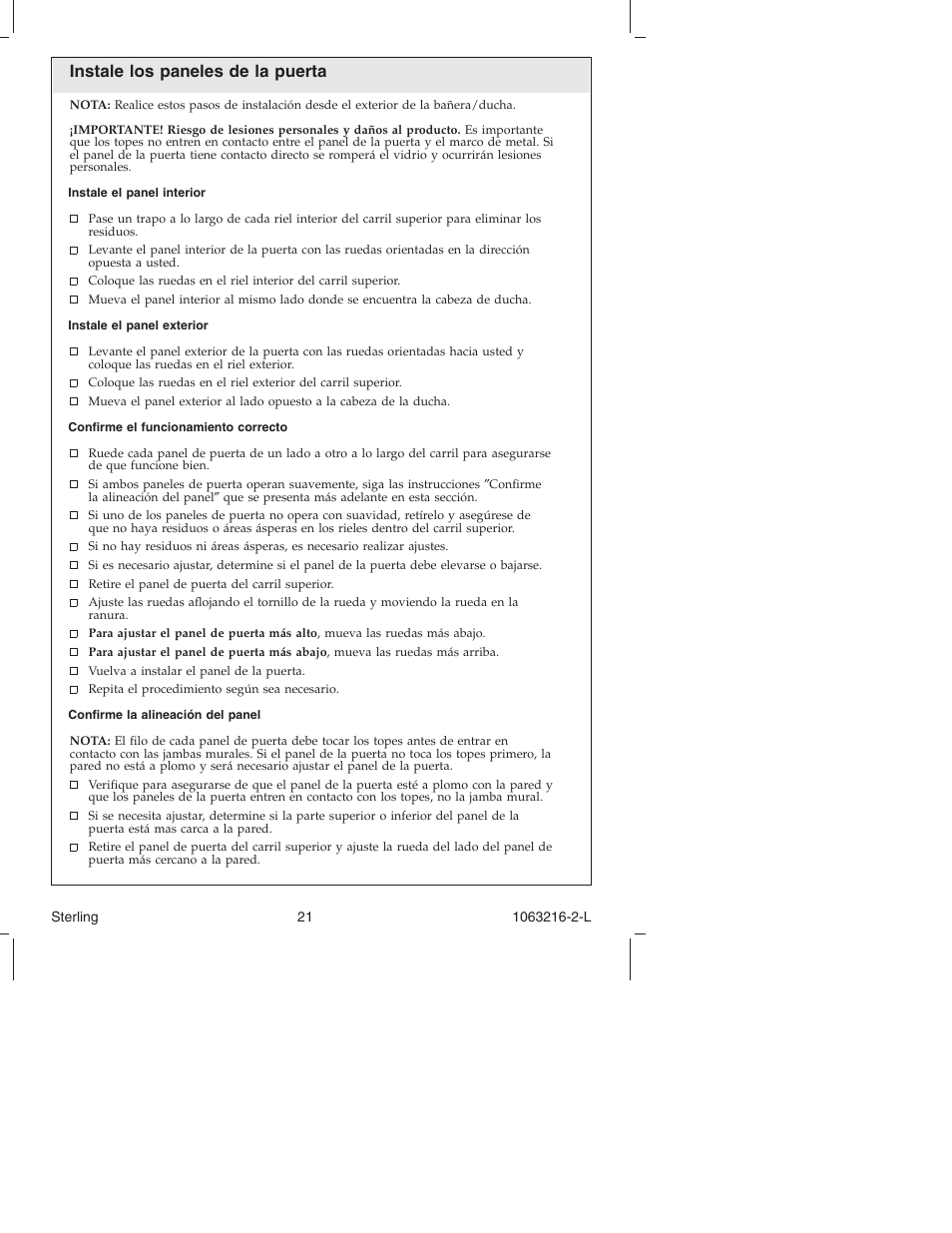 Instale los paneles de la puerta | Sterling Plumbing Bypass Shower Doors 5400 Series User Manual | Page 21 / 44