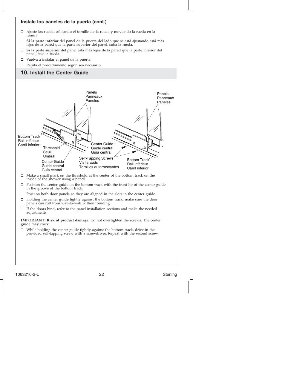 Install the center guide | Sterling Plumbing Bypass Shower Doors 5400 Series User Manual | Page 22 / 44