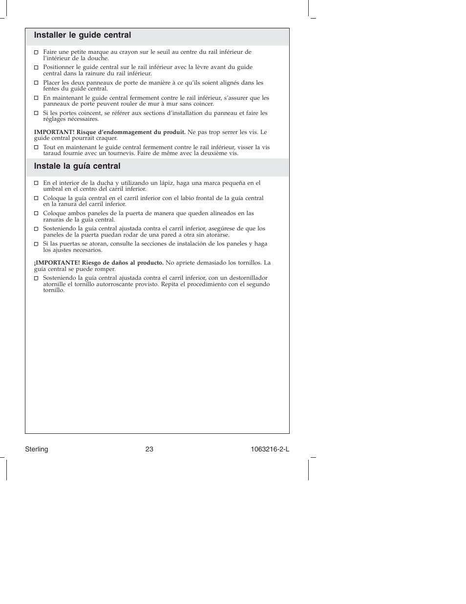 Installer le guide central, Instale la guía central | Sterling Plumbing Bypass Shower Doors 5400 Series User Manual | Page 23 / 44