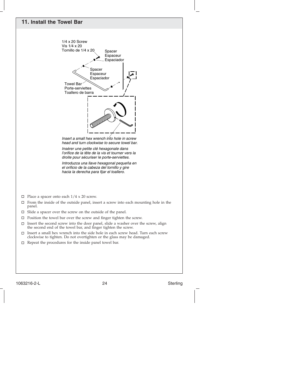 Install the towel bar | Sterling Plumbing Bypass Shower Doors 5400 Series User Manual | Page 24 / 44