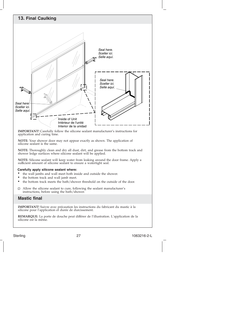 Final caulking, Mastic final | Sterling Plumbing Bypass Shower Doors 5400 Series User Manual | Page 27 / 44