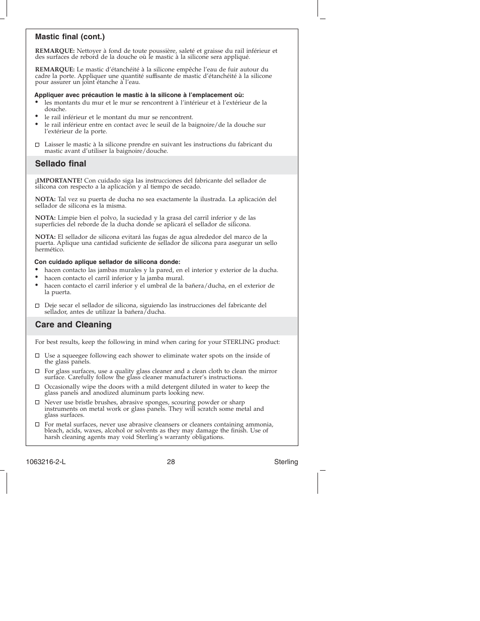 Sellado final, Care and cleaning | Sterling Plumbing Bypass Shower Doors 5400 Series User Manual | Page 28 / 44