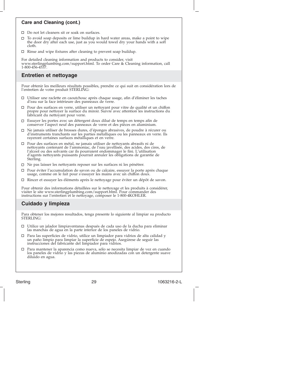 Entretien et nettoyage, Cuidado y limpieza | Sterling Plumbing Bypass Shower Doors 5400 Series User Manual | Page 29 / 44