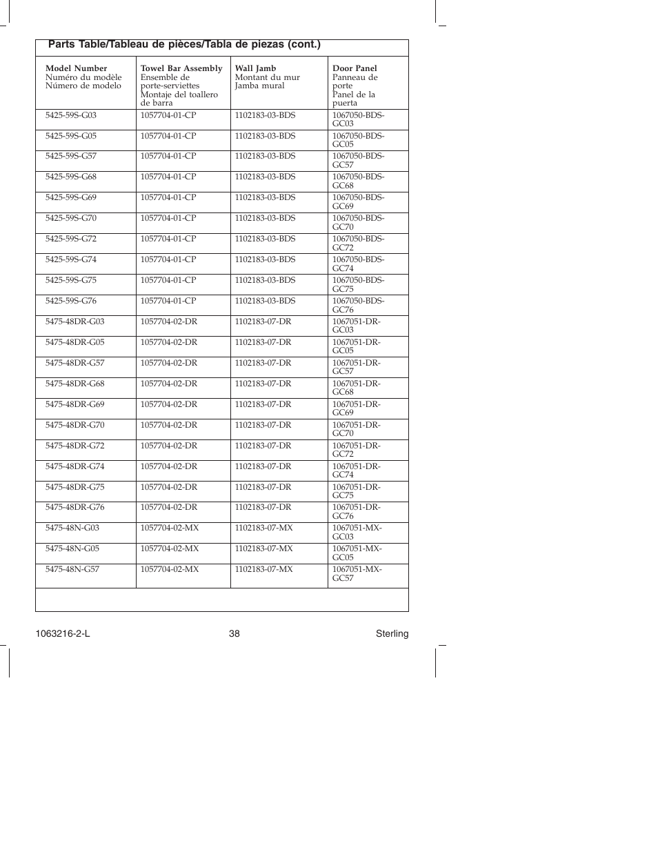 Sterling Plumbing Bypass Shower Doors 5400 Series User Manual | Page 38 / 44