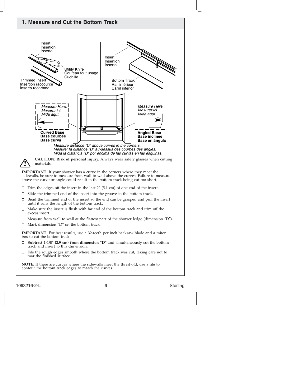 Measure and cut the bottom track | Sterling Plumbing Bypass Shower Doors 5400 Series User Manual | Page 6 / 44