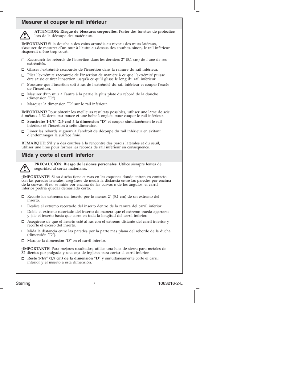 Mesurer et couper le rail inférieur, Mida y corte el carril inferior | Sterling Plumbing Bypass Shower Doors 5400 Series User Manual | Page 7 / 44