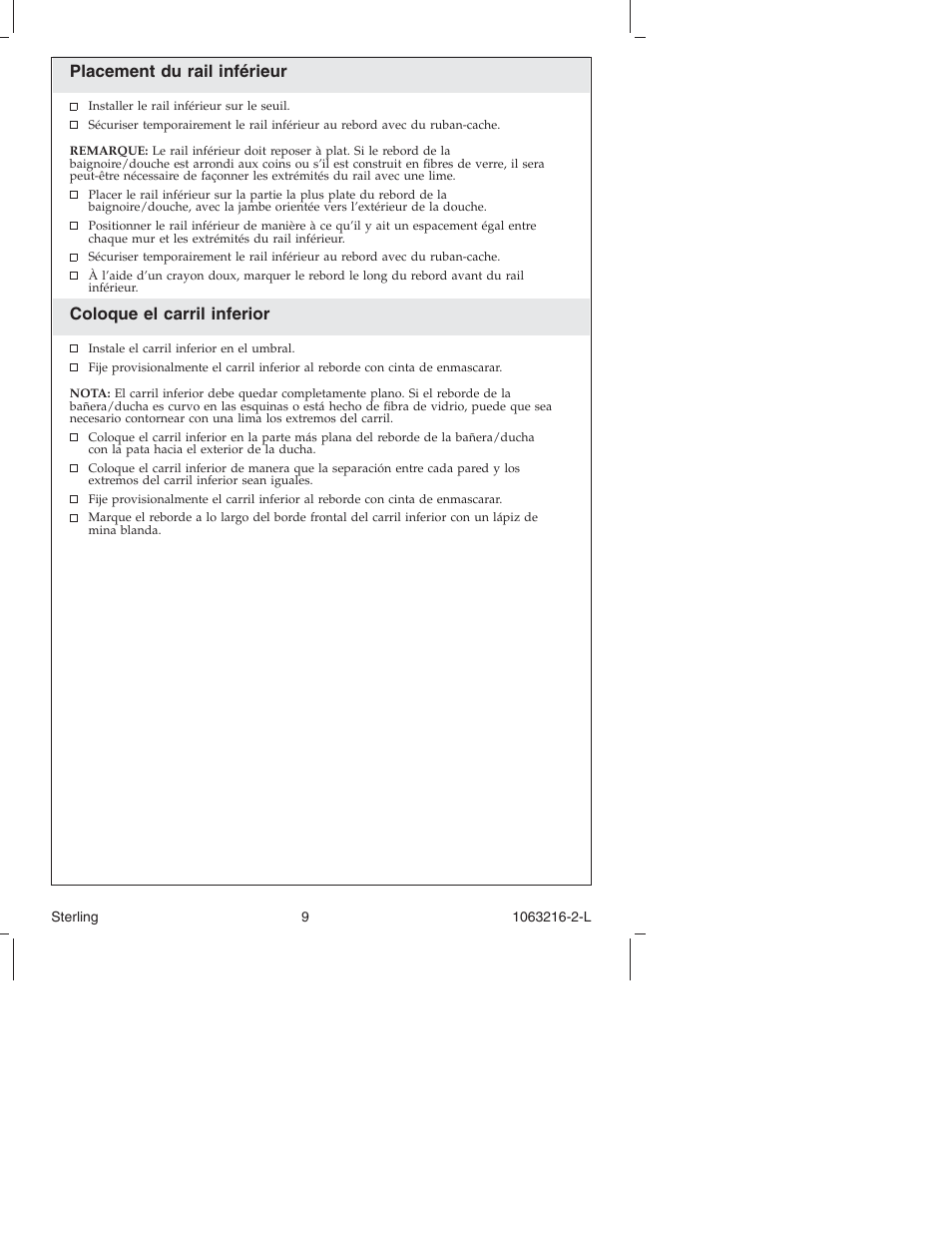 Placement du rail inférieur, Coloque el carril inferior | Sterling Plumbing Bypass Shower Doors 5400 Series User Manual | Page 9 / 44