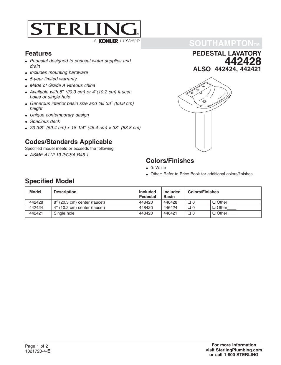 Sterling Plumbing Pedestal Lavatories 442424 User Manual | 2 pages