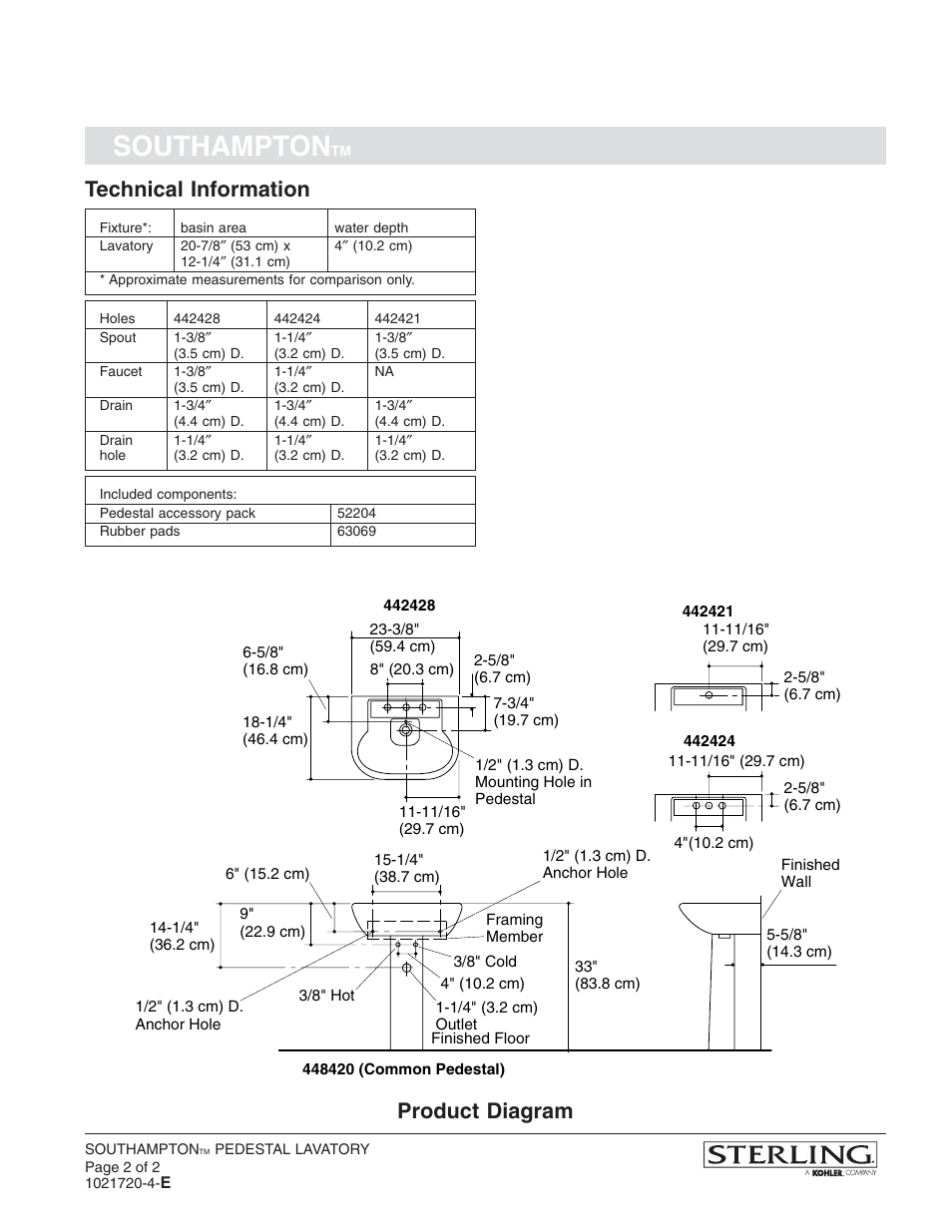 Southampton, Technical information, Product diagram | Sterling Plumbing Pedestal Lavatories 442424 User Manual | Page 2 / 2