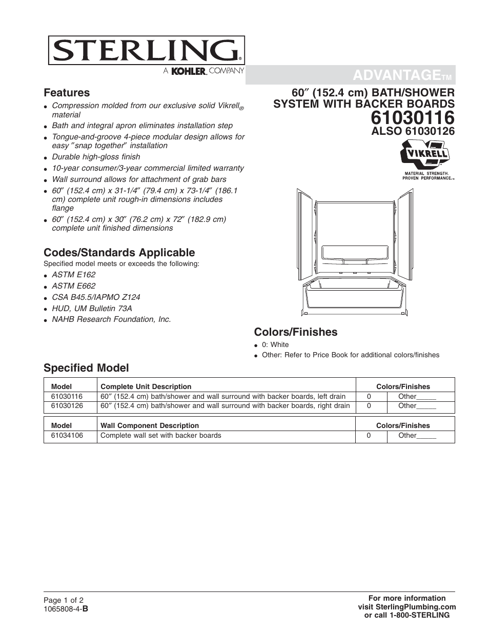 Sterling Plumbing 60" (152.4 cm) Bath/Shower System with Backer Boards 61030116 User Manual | 2 pages