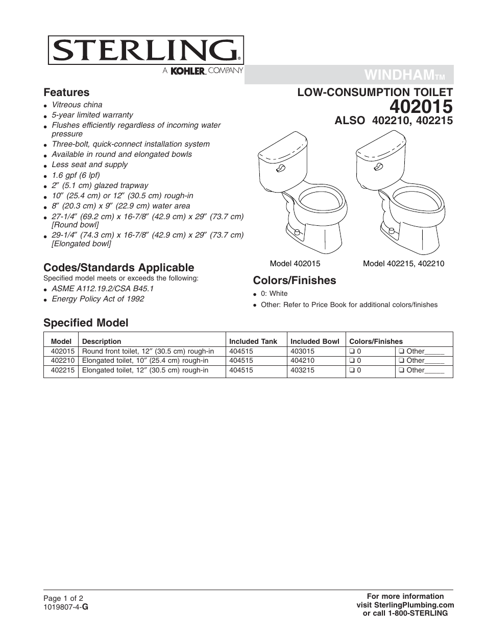 Sterling Plumbing Low Consumption Toilet 402015 User Manual | 2 pages