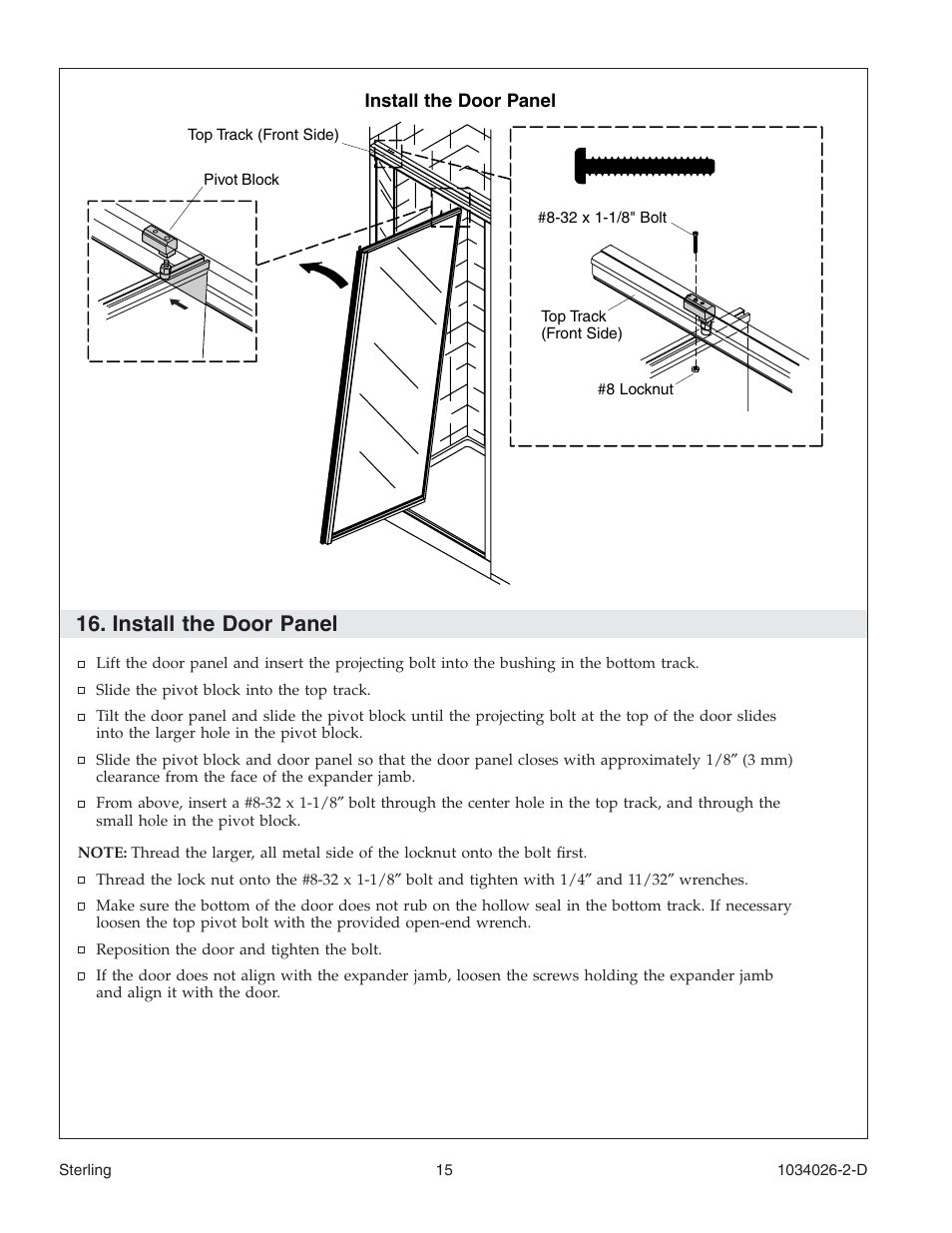 Install the door panel | Sterling Plumbing Pivot Shower Doors SP1500D Series User Manual | Page 15 / 52