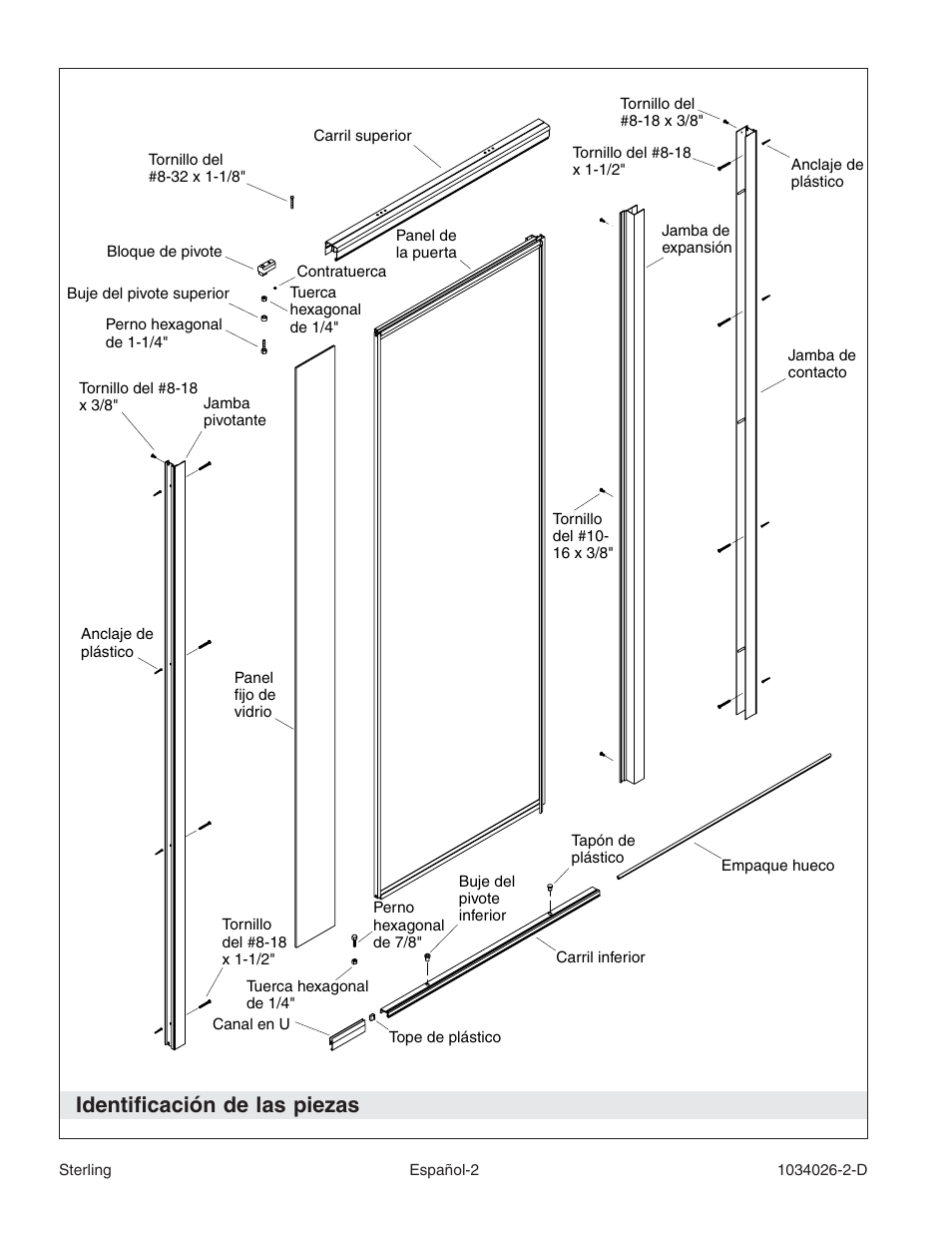 Identificación de las piezas | Sterling Plumbing Pivot Shower Doors SP1500D Series User Manual | Page 35 / 52