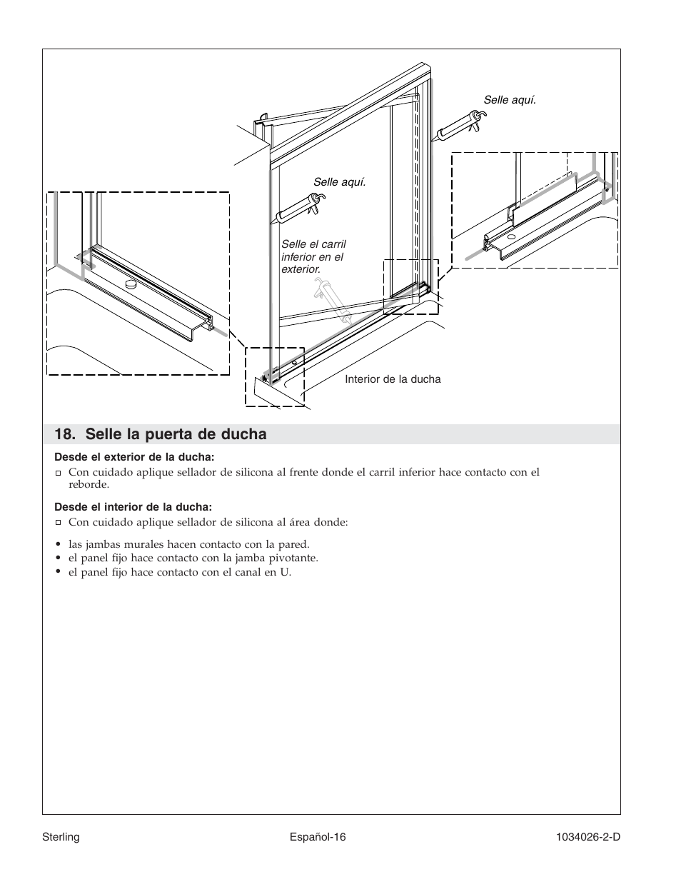 Selle la puerta de ducha | Sterling Plumbing Pivot Shower Doors SP1500D Series User Manual | Page 49 / 52