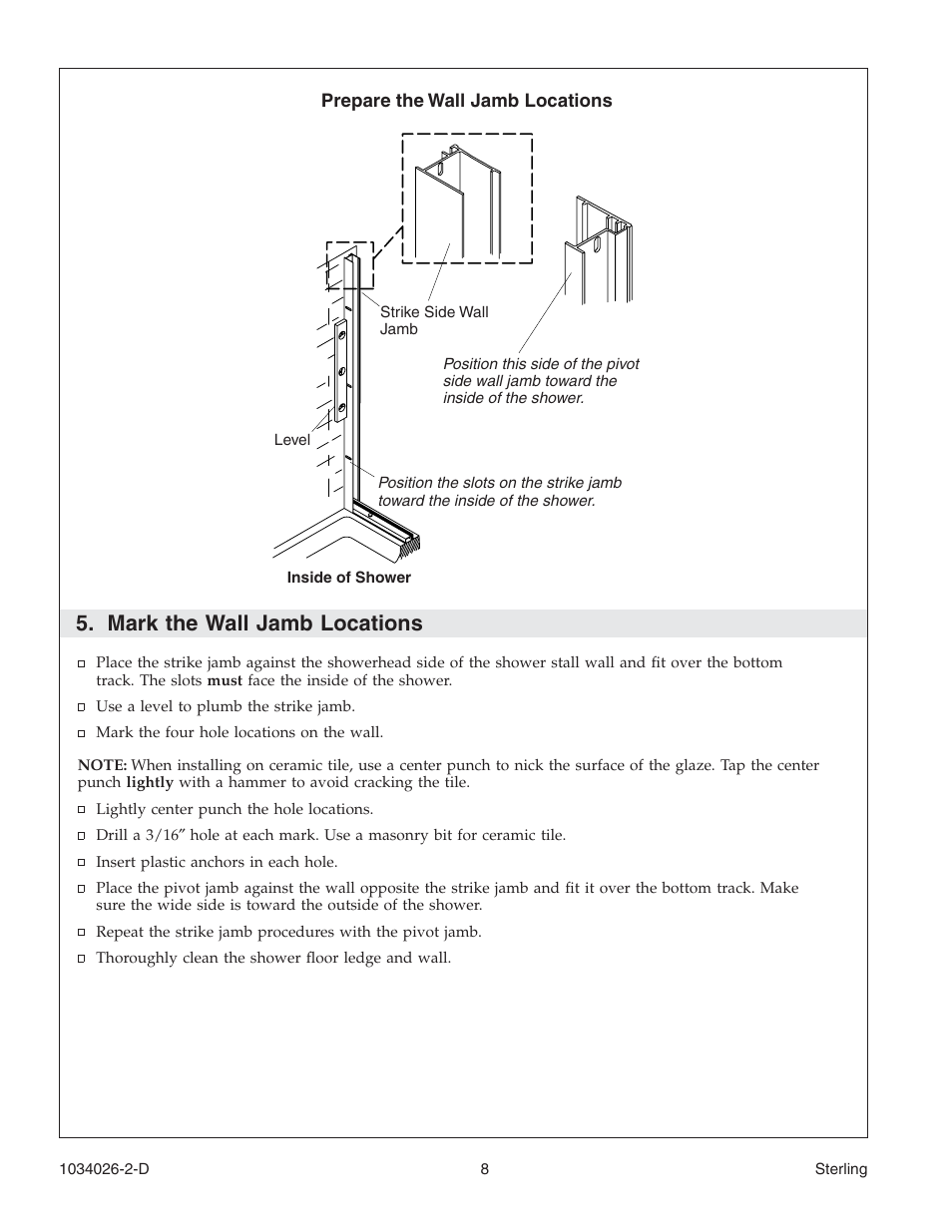 Mark the wall jamb locations | Sterling Plumbing Pivot Shower Doors SP1500D Series User Manual | Page 8 / 52