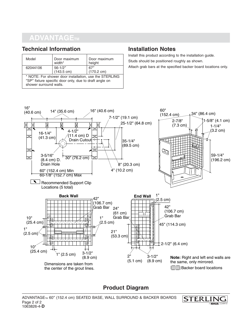 Advantage, Technical information, Product diagram | Sterling Plumbing 62044106 User Manual | Page 2 / 2