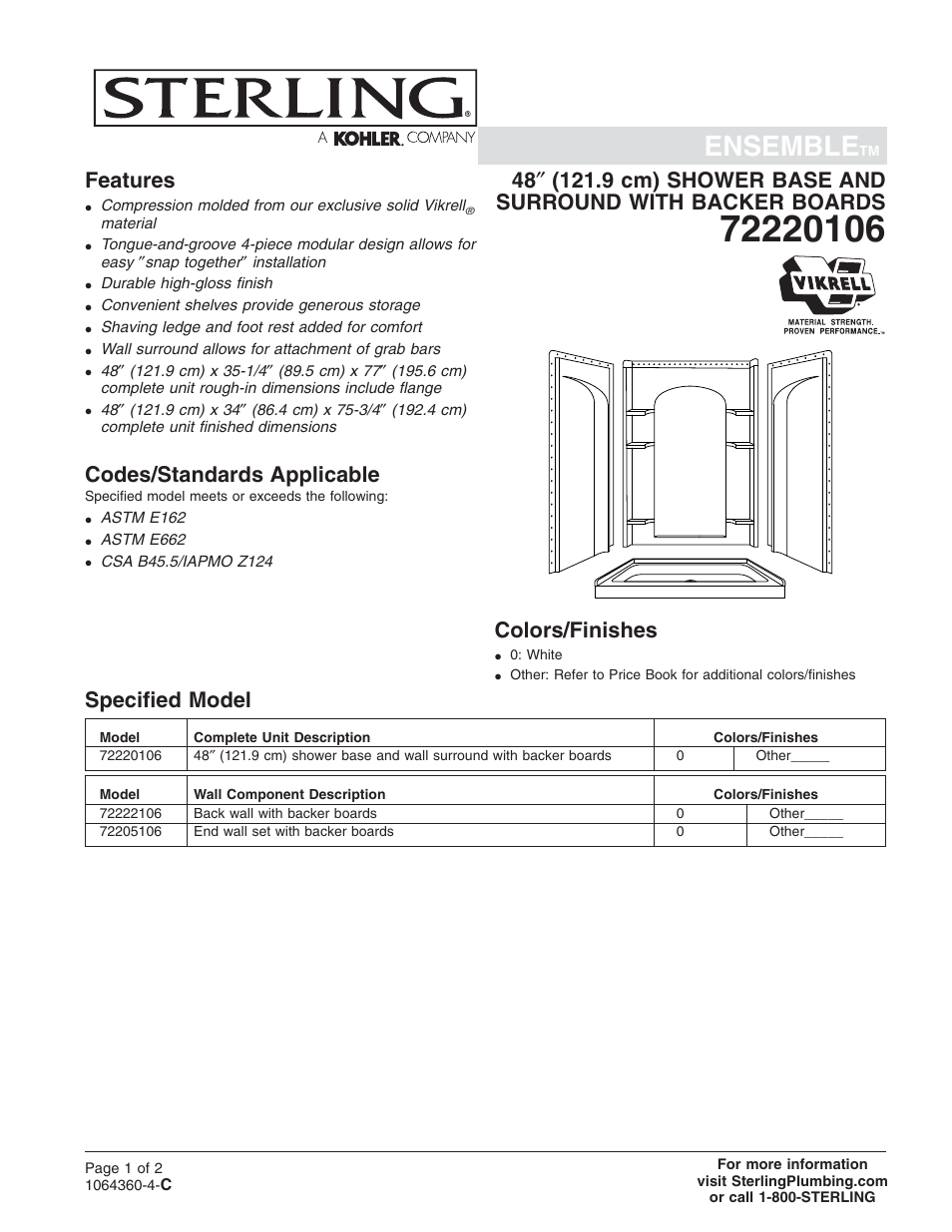 Sterling Plumbing Shower Receptor and Wall Surround with Backer Boards 72220106 User Manual | 2 pages