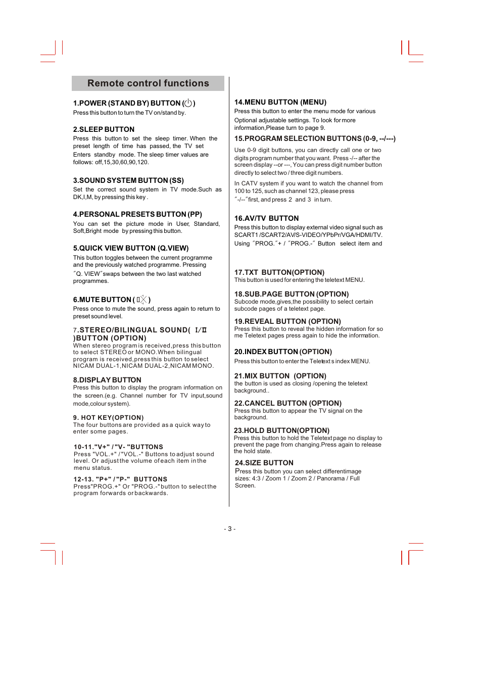 Remote control functions | Skyworks LCD-26L16 User Manual | Page 6 / 17