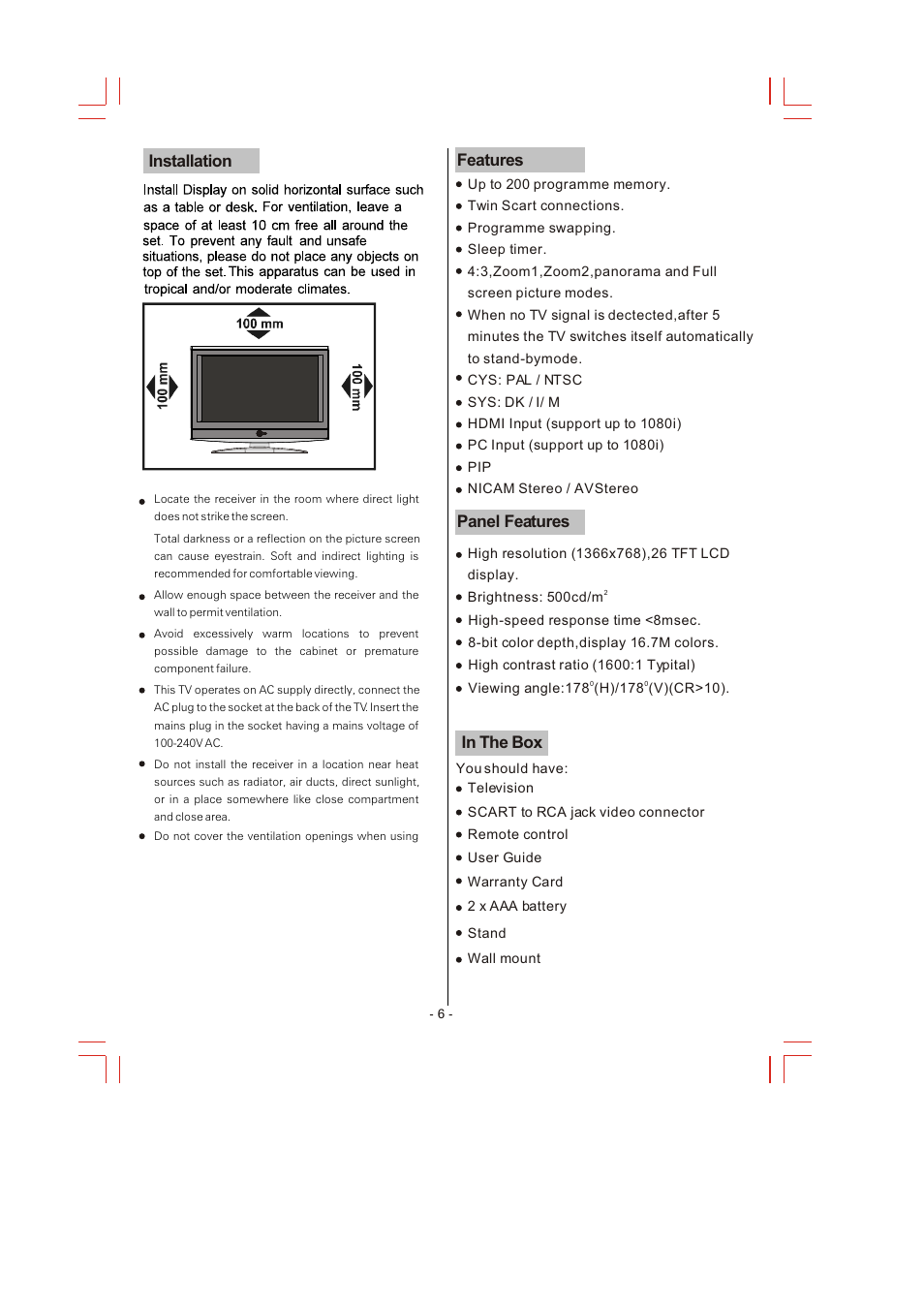 Features, Panel features, Installation | Skyworks LCD-26L16 User Manual | Page 9 / 17