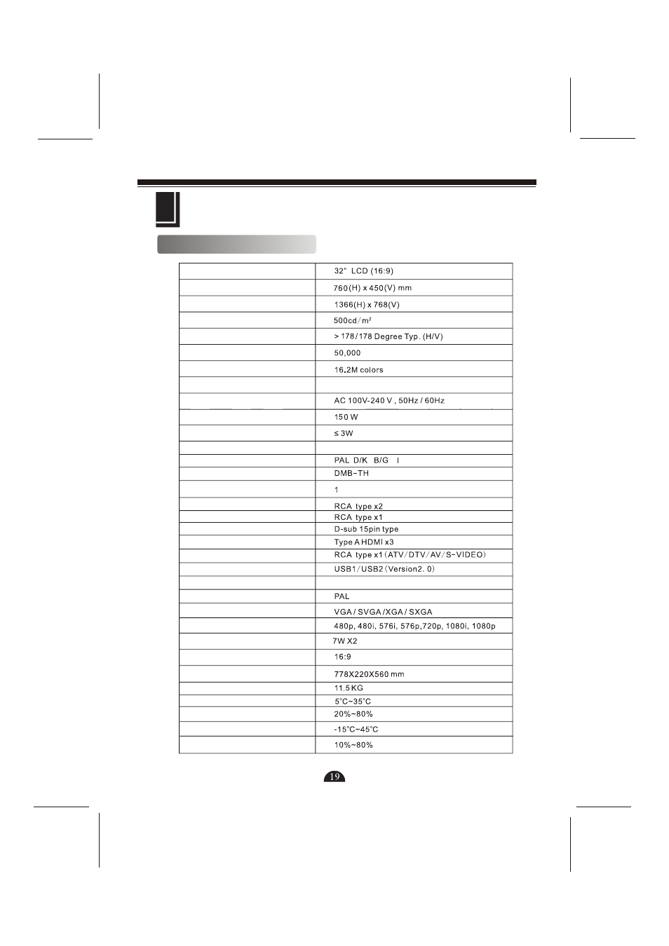 页 21, Technical specifications, 32” wide screen lcd tv | Skyworks 32L29 User Manual | Page 21 / 22
