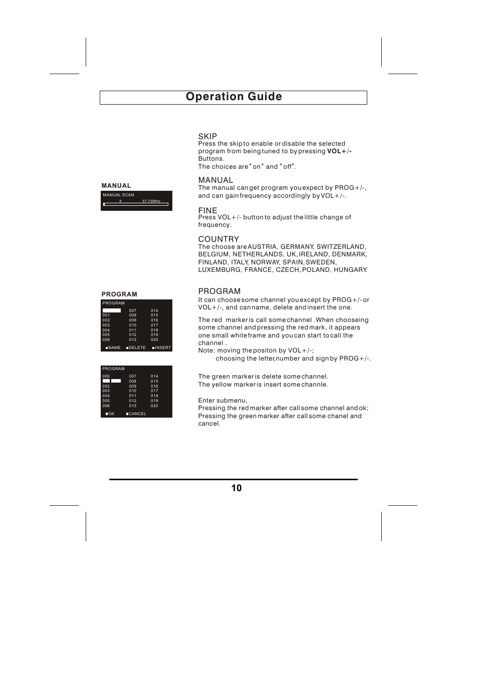 Operation guide, Skip, Fine | Country, Manual, Program | Skyworks LCD-19L03 User Manual | Page 11 / 17