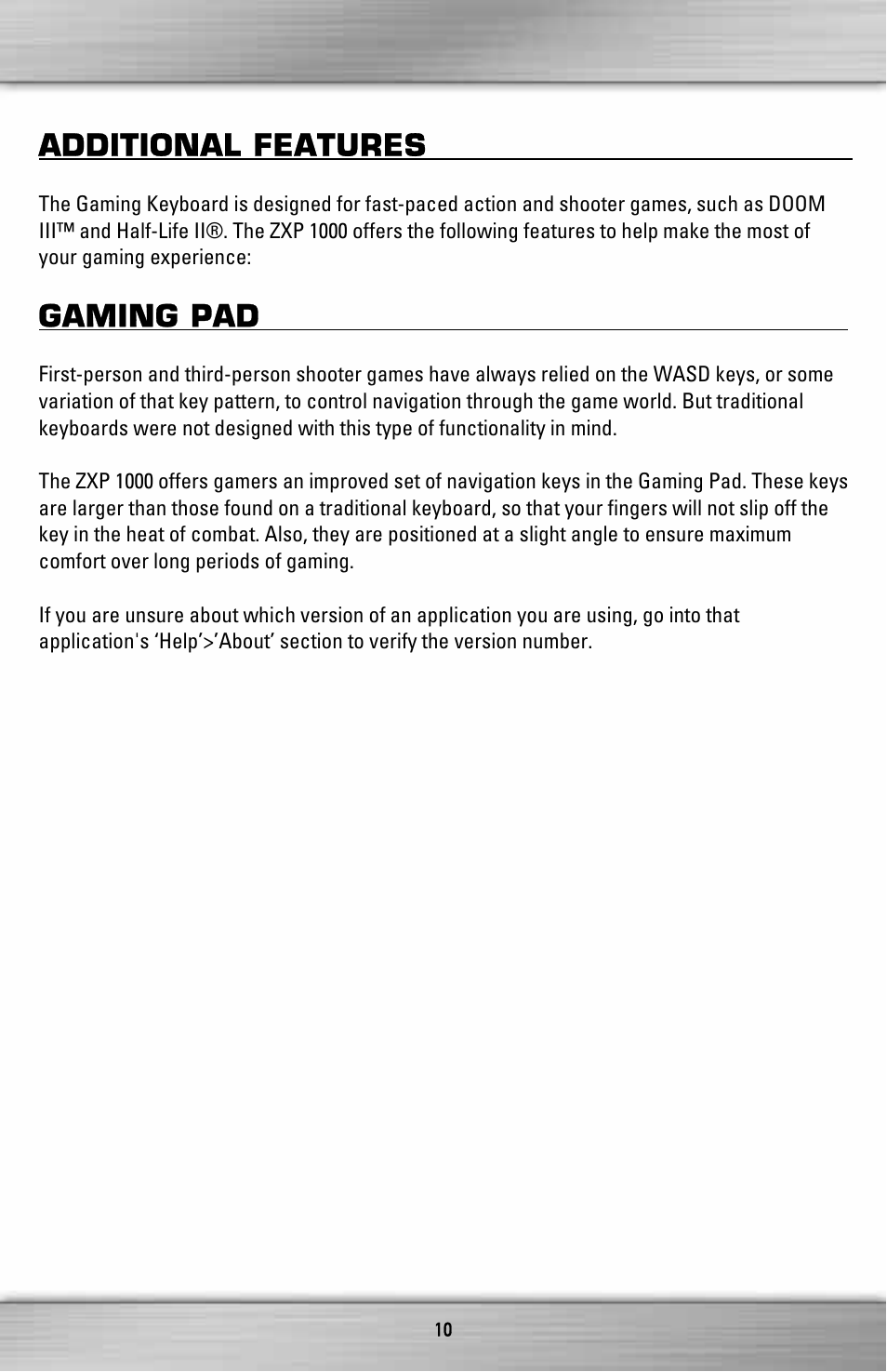 Additional features, Gaming pad | SteelSeries ZXP 1000 User Manual | Page 10 / 15