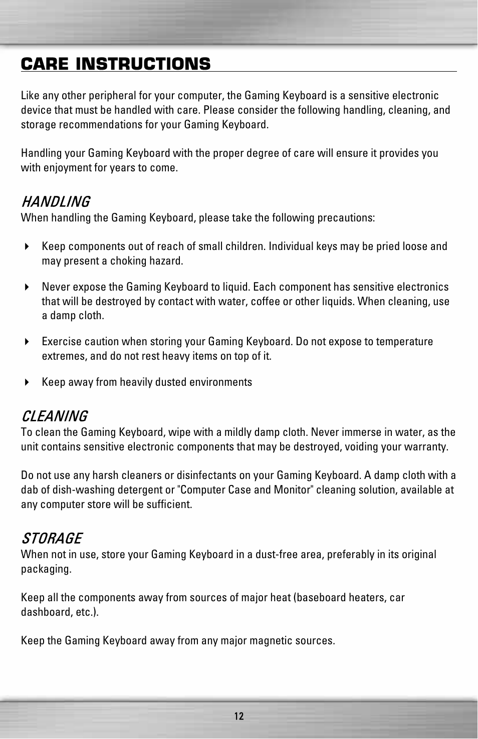 Care instructions, Handling, Cleaning | Storage | SteelSeries ZXP 1000 User Manual | Page 12 / 15