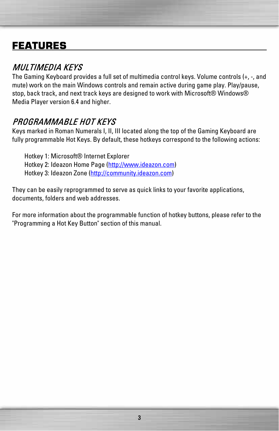 Features, Multimedia keys, Programmable hot keys | SteelSeries ZXP 1000 User Manual | Page 3 / 15