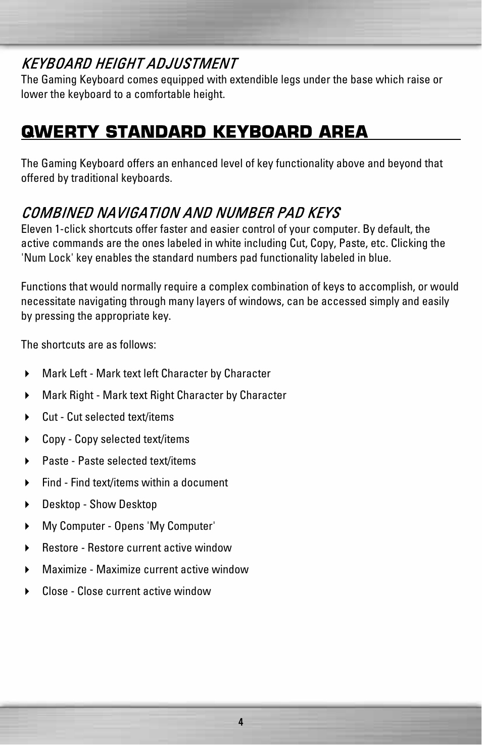 Qwerty standard keyboard area, Keyboard height adjustment, Combined navigation and number pad keys | SteelSeries ZXP 1000 User Manual | Page 4 / 15