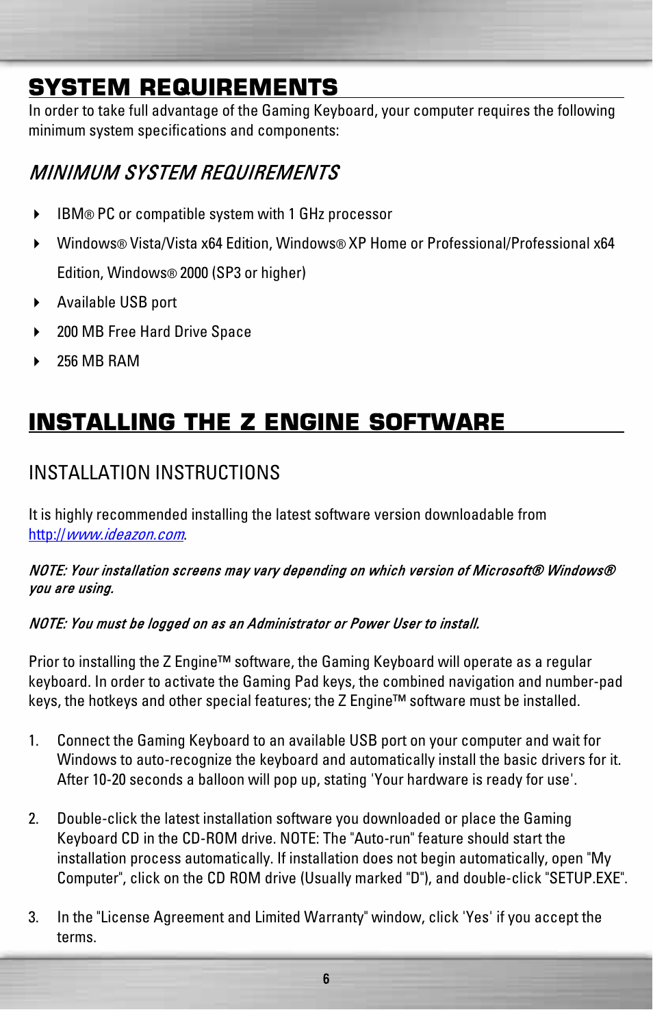 System requirements, Installing the z engine software, Minimum system requirements | Installation instructions | SteelSeries ZXP 1000 User Manual | Page 6 / 15