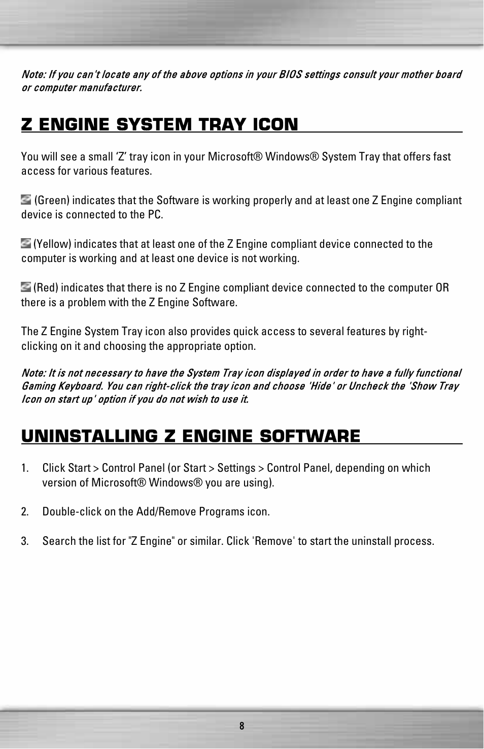 Z engine system tray icon, Uninstalling z engine software | SteelSeries ZXP 1000 User Manual | Page 8 / 15