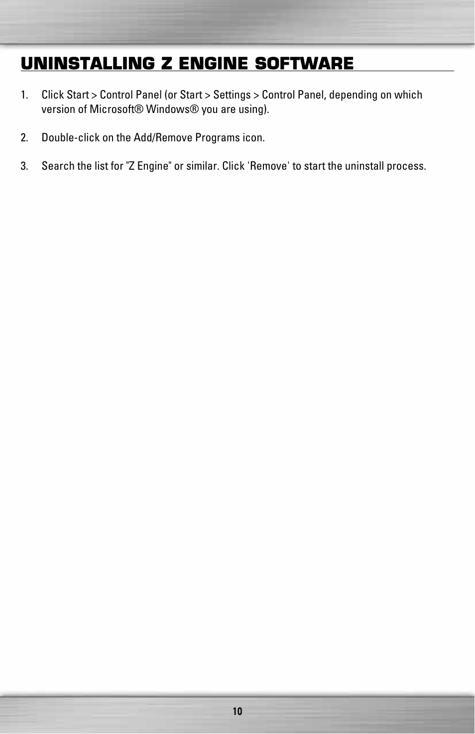 Uninstalling z engine software | SteelSeries Merc Stealth ZXP 2000 User Manual | Page 10 / 16
