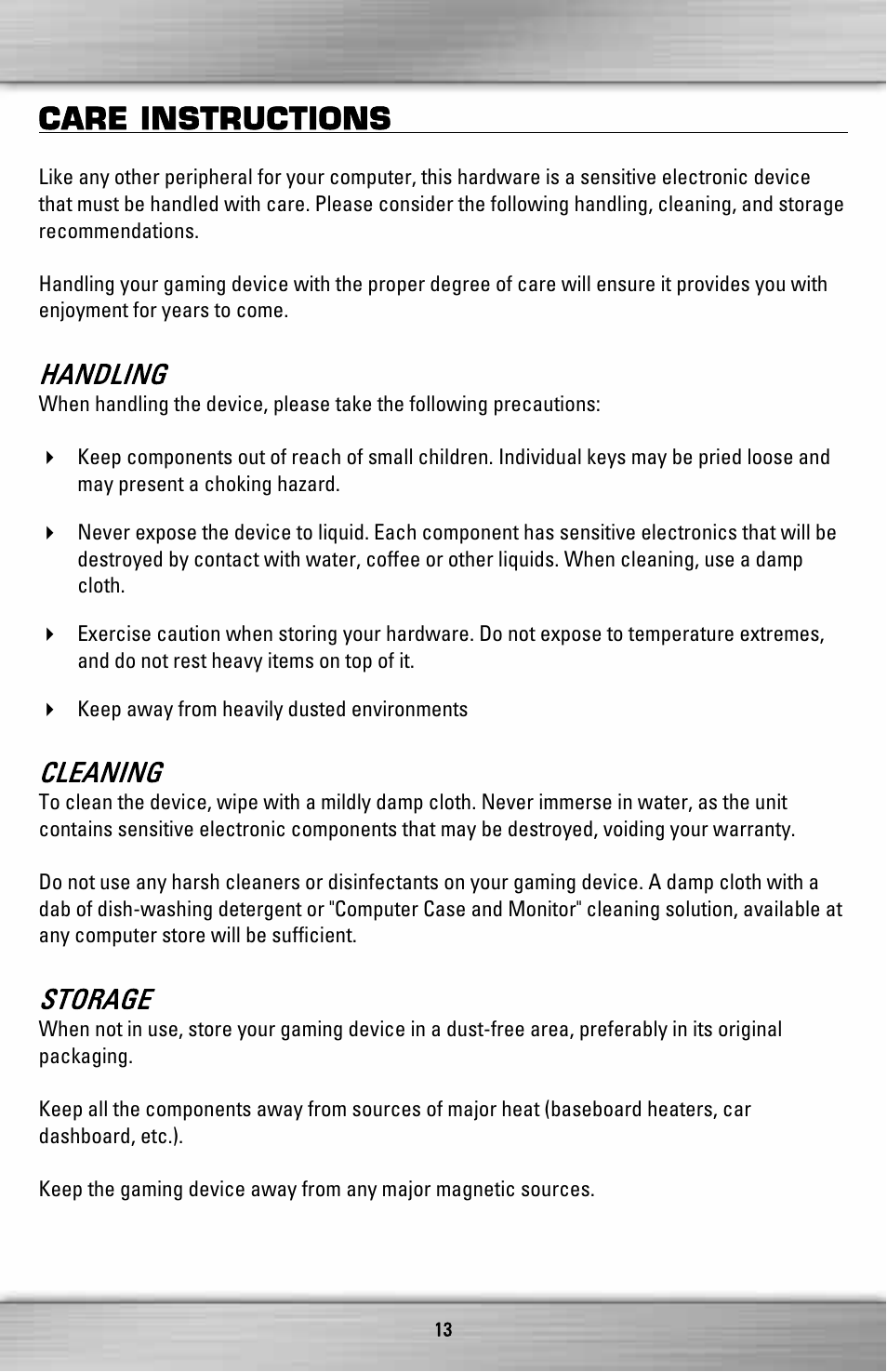 Care instructions, Handling, Cleaning | Storage | SteelSeries Merc Stealth ZXP 2000 User Manual | Page 13 / 16