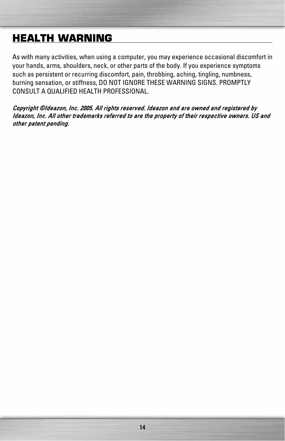 Health warning | SteelSeries Merc Stealth ZXP 2000 User Manual | Page 14 / 16