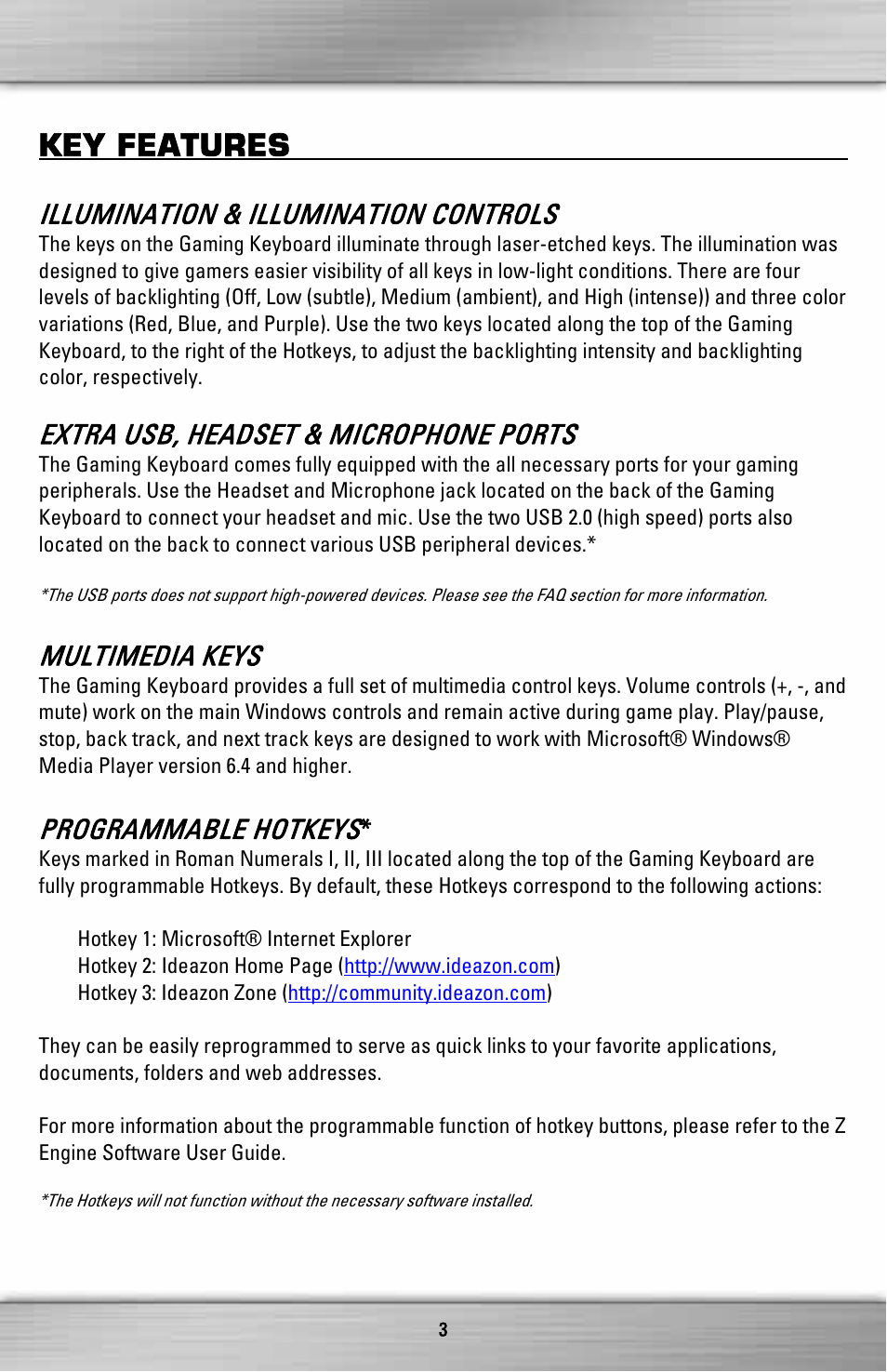 Key features, Illumination & illumination controls, Extra usb, headset & microphone ports | Multimedia keys, Programmable hotkeys | SteelSeries Merc Stealth ZXP 2000 User Manual | Page 3 / 16