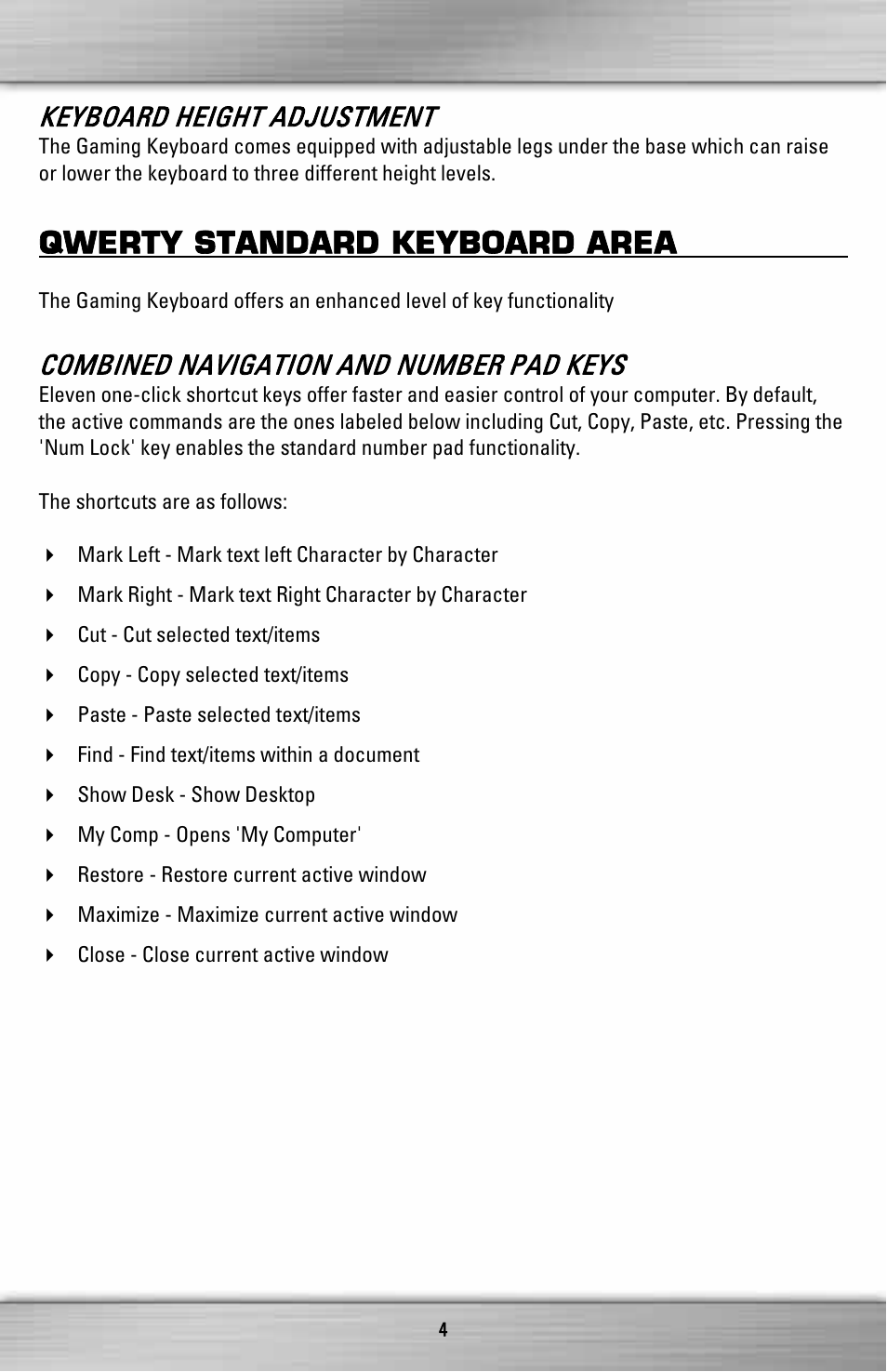 Qwerty standard keyboard area, Keyboard height adjustment, Combined navigation and number pad keys | SteelSeries Merc Stealth ZXP 2000 User Manual | Page 4 / 16