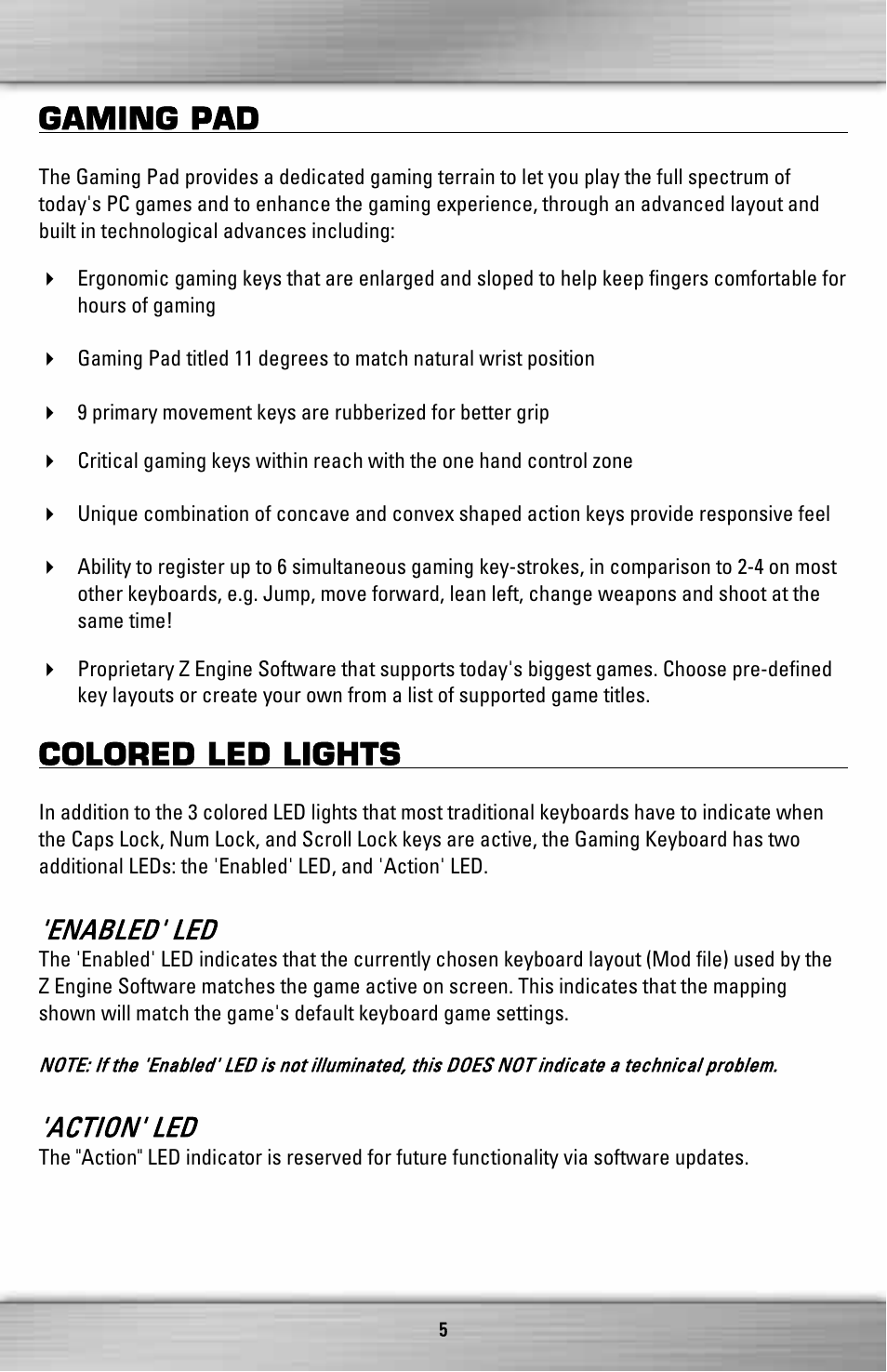 Gaming pad, Colored led lights, Enabled' led | Action' led | SteelSeries Merc Stealth ZXP 2000 User Manual | Page 5 / 16