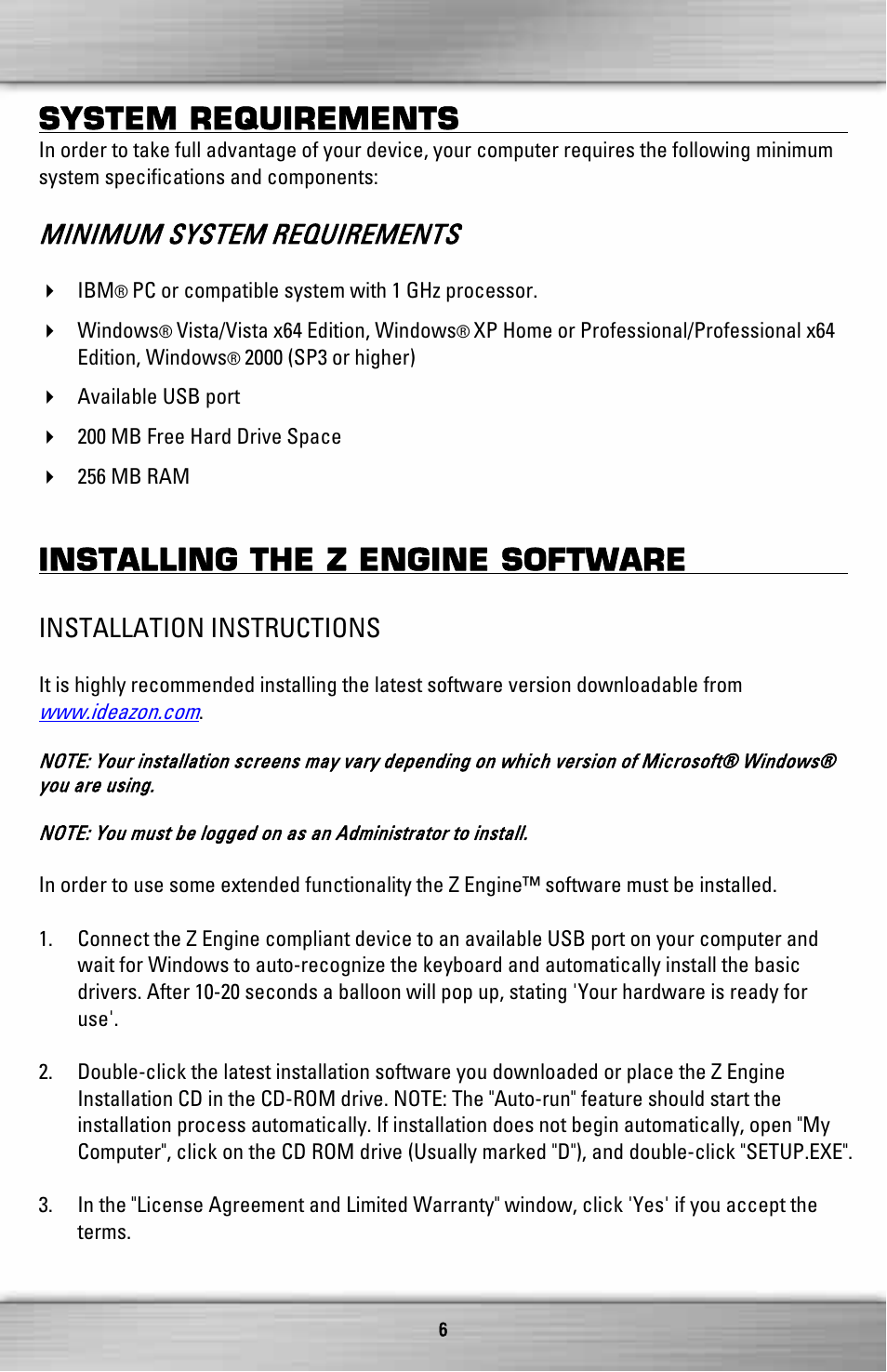 System requirements, Installing the z engine software, Minimum system requirements | Installation instructions | SteelSeries Merc Stealth ZXP 2000 User Manual | Page 6 / 16