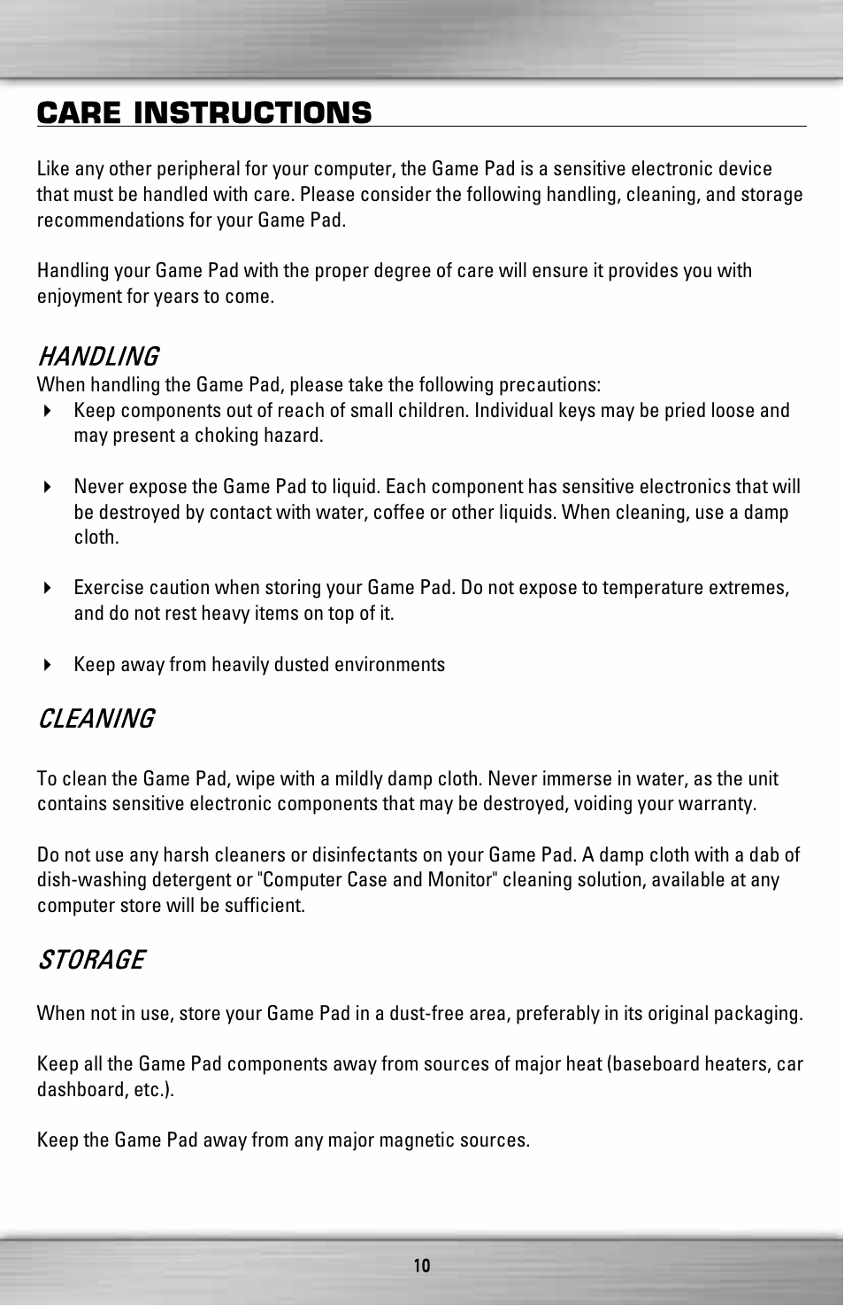Care instructions, Handling, Cleaning | Storage | SteelSeries ZGP 1000 User Manual | Page 10 / 13