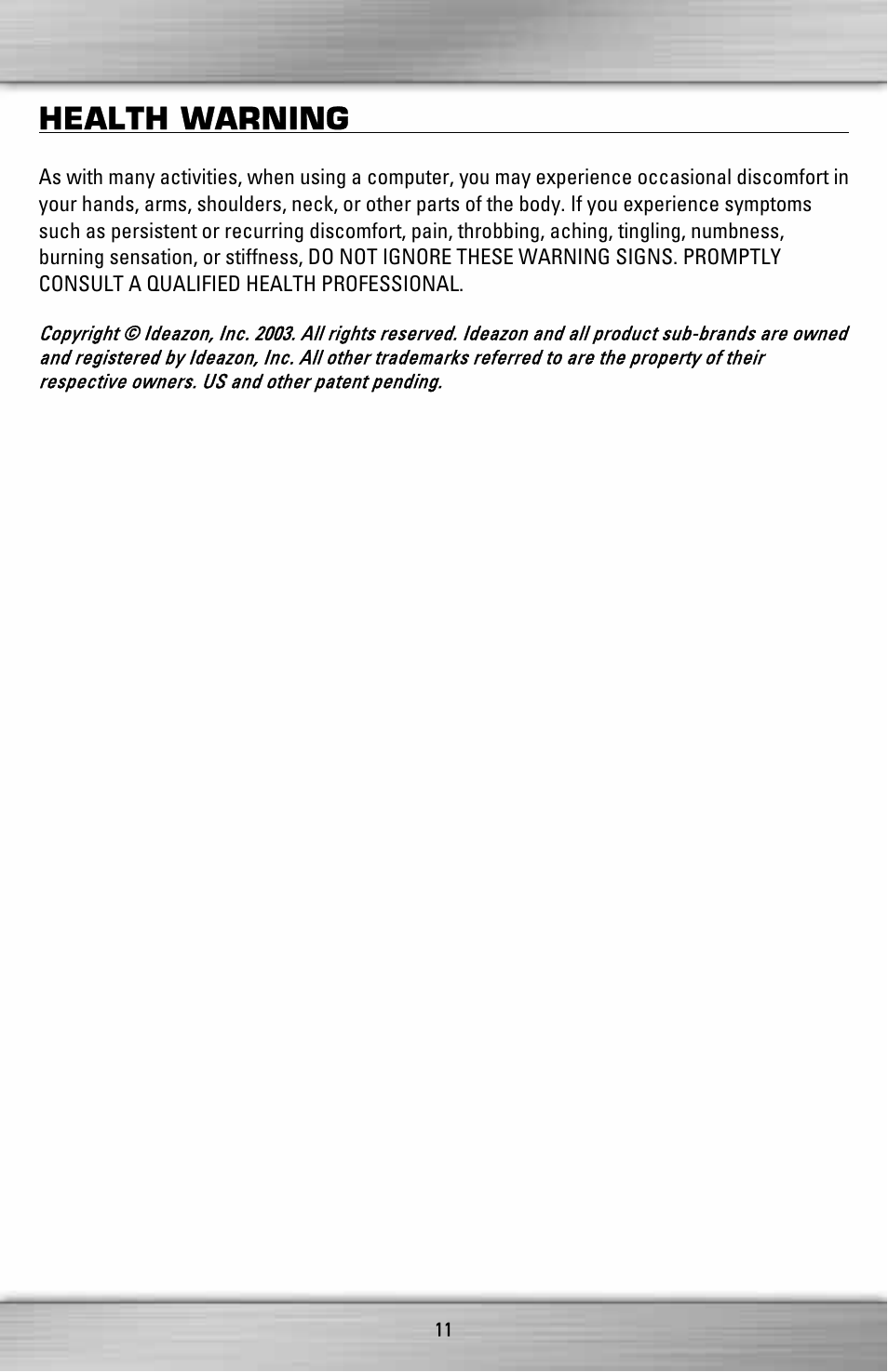 Health warning | SteelSeries ZGP 1000 User Manual | Page 11 / 13