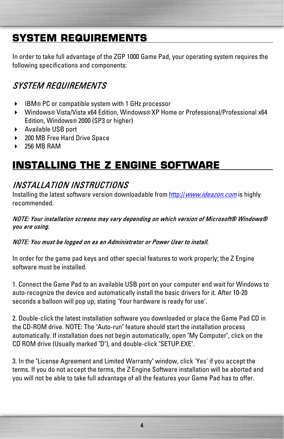 System requirements, Installing the z engine software, Installation instructions | SteelSeries ZGP 1000 User Manual | Page 4 / 13