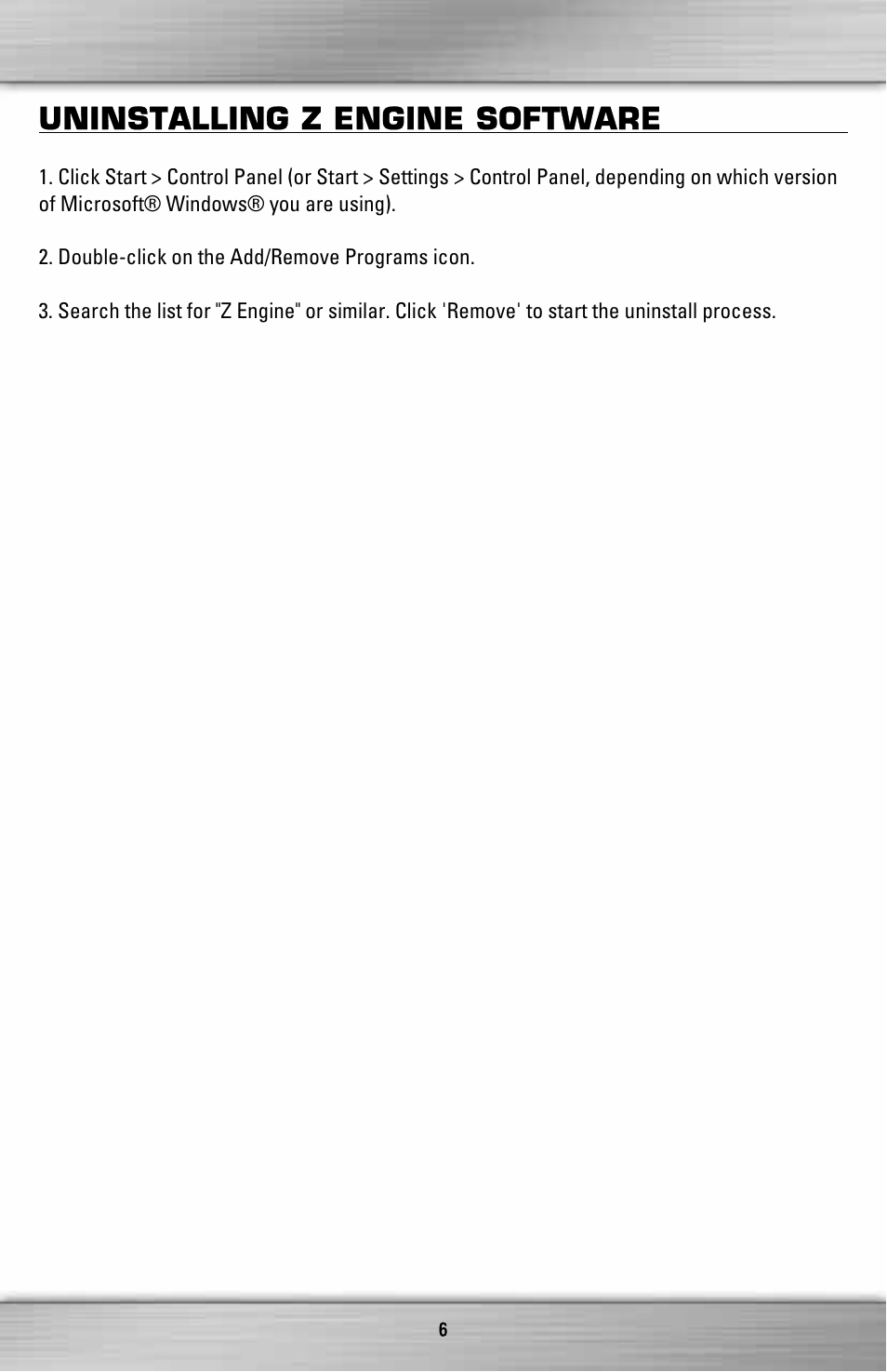 Uninstalling z engine software | SteelSeries ZGP 1000 User Manual | Page 6 / 13