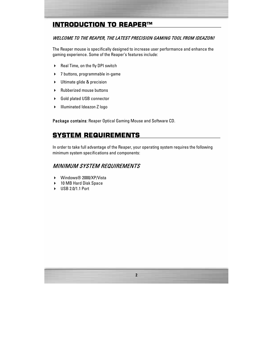 Introduction to reaper, System requirements | SteelSeries Reaper ZMS1000 User Manual | Page 2 / 5