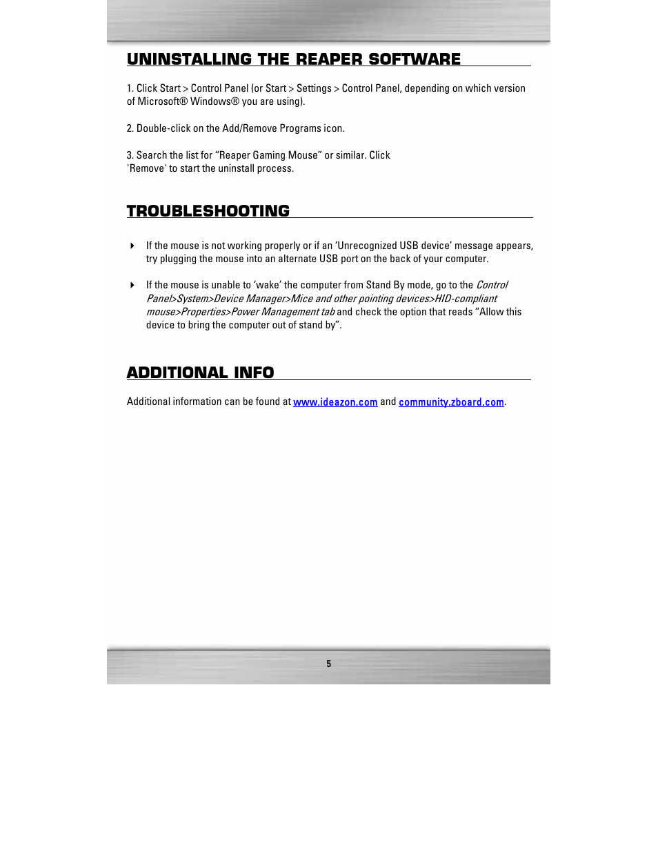 Uninstalling the reaper software, Troubleshooting, Additional info | SteelSeries Reaper ZMS1000 User Manual | Page 5 / 5